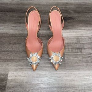 Amina Muaddi Nude Leather Slingback Crystal Embellishment Stiletto